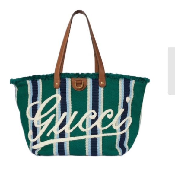 Gucci Green and Blue Striped Tote with White Logo